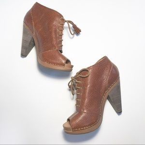 Lucky Brand open Toe Leather Wood Heel Booties